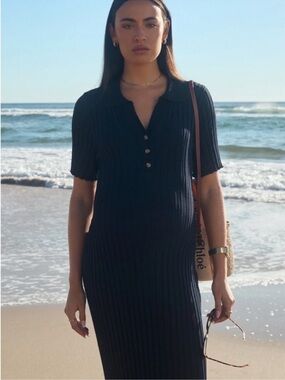 Women’s Black Ribbed Long Sleeve Polo Dress